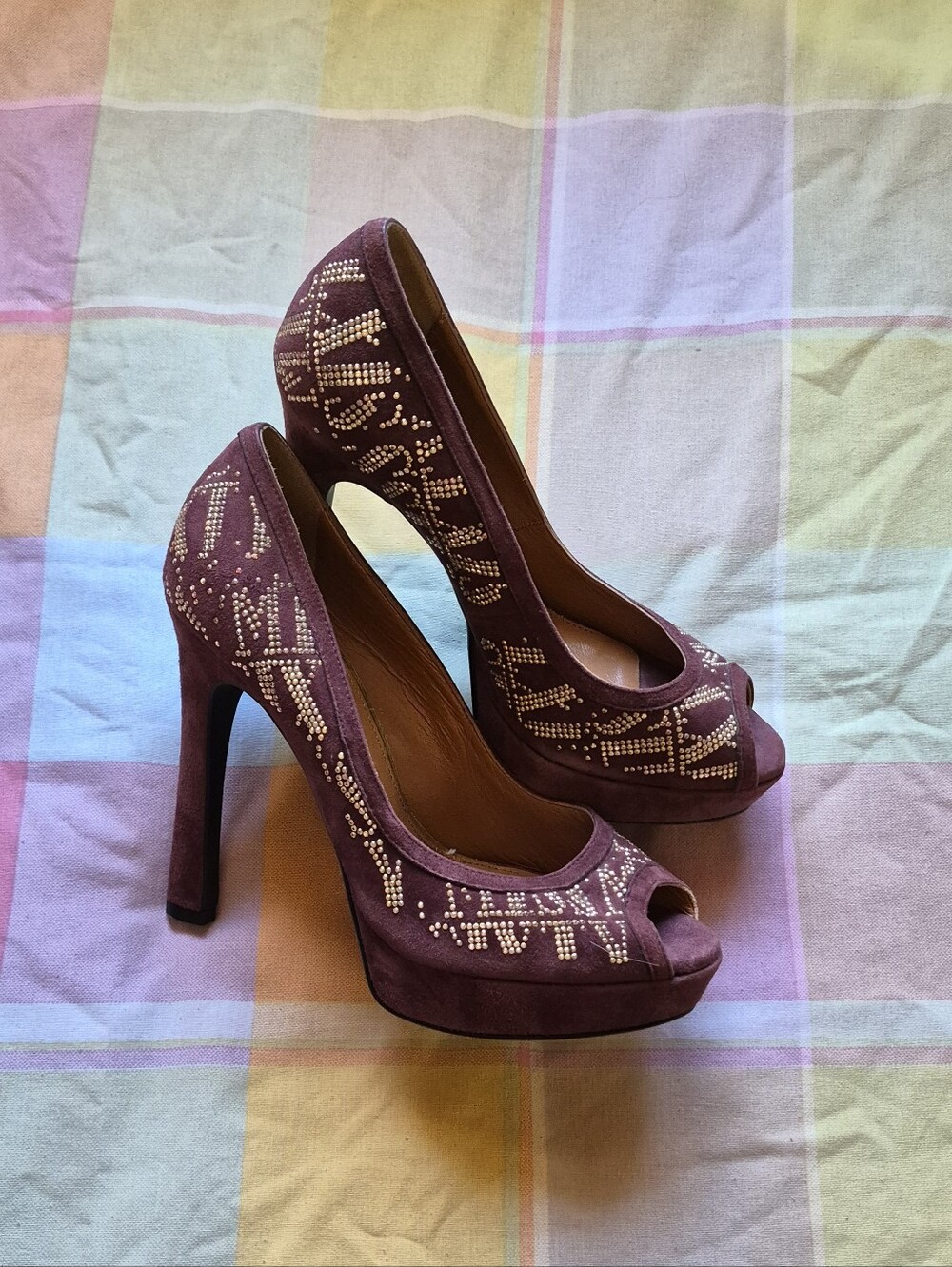 Miss Sixty Burgundy Suede Peep-Toe Platform Heels with Stud Detailing